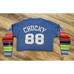 Chucky Good Guys Cropped Sweater Blue Striped Sleeve Horror Movie Womens M